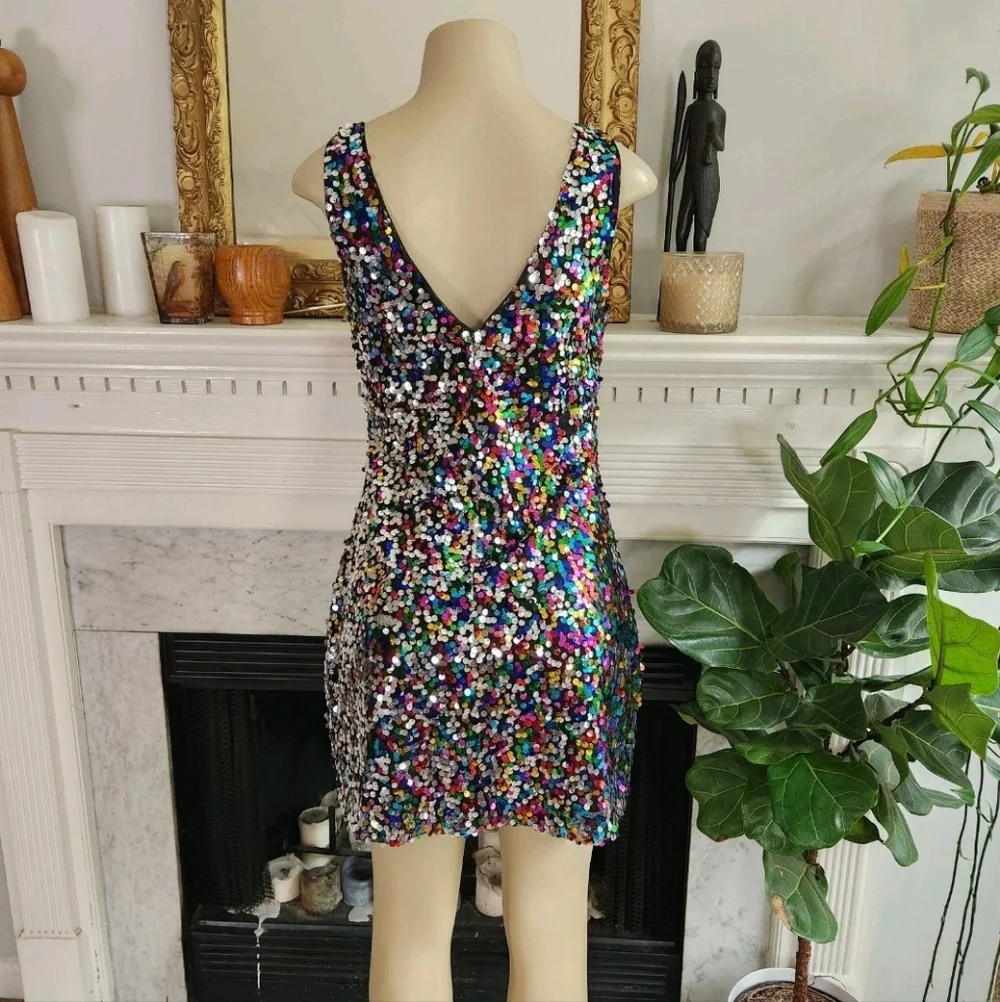 Lulus Silver Sequin Mini Dress Stretch Bodycon Party Indie Sleaze Size Medium - Picture 4 of 6